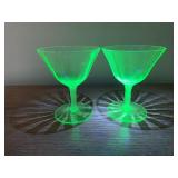 PAIR OF GREEN GLASS COCKTAIL COUPE GLASSES.