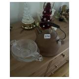 METAL KETTLE, TWO GLASS SERVING BOWLS W/ HANDLES.