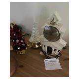 WHITE STEEPLE CLOCK W/ WORKING BELL, CRYSTAL TREE