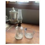 GLASS OIL LAMP W/ CHIMNEY & BASE BOWL.