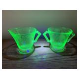 PAIR DEPRESSION GLASS CREAMER/ SUGAR - GREEN,