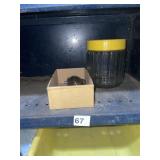 METAL BIRD FIGURINE W/ GLASS RIBBED JAR.