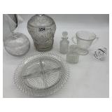 ASSORTED ETCHED & PRESSED GLASSWARE.