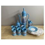 CERAMIC BLUE & WHITE COFFEE TEA SET.