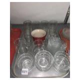 GLASS BOWLS, CUPS, PITCHER, MUG, TRAYS