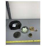 METAL FLOWER FROG, DOG FIGURINE, STANDS, GLASS