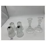 PRESSED GLASS CANDLESTICKS, GLASS SHADES.