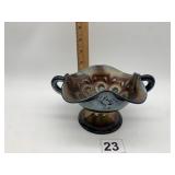 CARNIVAL GLASS FOOTED BOWL W/HANDLES, 4 IN.