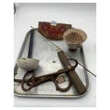 CERAMIC BOWL, PAINTED WOOD BOX, RUSTIC TOOLS,