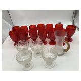 RED GLASS GOBLETS, CLEAR GLASS DESSERT DISHES,