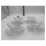 GLASS TEACUPS W/ SAUCERS.
