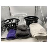 PLASTIC LAUNDRY BASKETS, TOWELS.