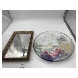 GILT FRAMED MIRROR, CHRISTMAS GLASS PLATE.