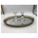 MIRRORED TRAY, GLASS CANDLESTICK HOLDERS.