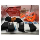 RED PLASTIC SHOPPING BASKET, KNITTED BEANIES,