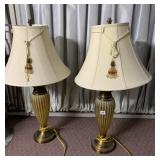BRASS-TONE GLASS TABLE LAMPS W/ SHADES.