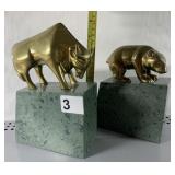 BRASS BULL & BEAR BOOKENDS ON MARBLE BASES