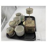 ASSORTED CERAMIC MUGS, METAL TIN, PERFORATED