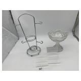 METAL MUG RACK, PRESSED GLASS COMPOTE.
