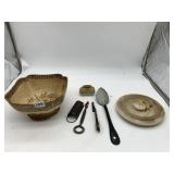 ASSORTED POTTERY, METAL UTENSILS