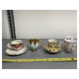 DECORATIVE GILT PORCELAIN CUPS SAUCERS, 4.5IN W.