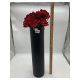BLACK CERAMIC VASE W/ ARTIFICIAL ROSES ~10IN.