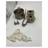 ORNATE METAL SERVING WARE & DECORATIVE BRACKET.