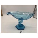 VIKING BLUE GLASS COMPOTE DOLPHIN BASE.