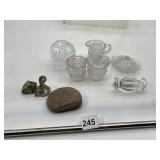 CUT GLASS VESSELS, COVERED DISH, FIGURINE,