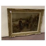 GOLD TONE ORNATELY FRAMED VILLAGE SCENE PRINT,