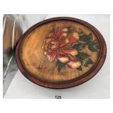 WOODEN ROUND TRAY W/ PAINTED FLOWER, 15.5 IN.