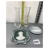 CUT GLASS VASES, CERAMIC DISH