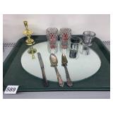 BRASS CANDLESTICK, GLASS VOTIVES