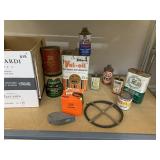 VINTAGE OIL CANS, 1 GAL, FILTER, TOOLS.