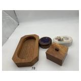 WOODEN BOXES, PORCELAIN TRINKET BOX, WOODEN TRAY.