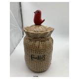 CERAMIC 'COOKIES' JAR W/ BIRD FINIAL.