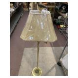BRASS TONE FLOOR LAMP W/ FABRIC SHADE.