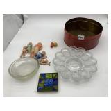 ASSORTED TIN, GLASSWARE, DOLLS, STAINED GLASS,
