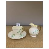 BELLEEK SHAMROCK POTTERY CUP, SAUCER, CREAMER.