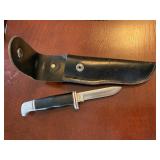BUCK FIXED-BLADE KNIFE, BLACK HANDLE, LEATHER
