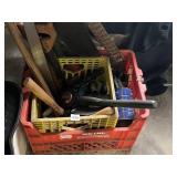 RED CRATE W/ HAND SAWS, HAMMER, TAPE MEASURE,