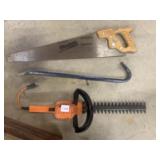 DISSTON HANDSAW, PRY BAR, ELECTRIC HEDGE TRIMMER.