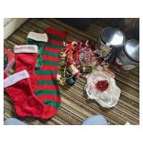CHRISTMAS DECORATIONS W/ STOCKINGS, BOWS, RIBBON,