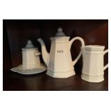 WHITE CERAMIC OCTAGONAL PITCHER, MUG, STRAINER