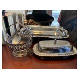 SILVER-TONE SERVING PLATTER, ORNATE BUTTER DISH
