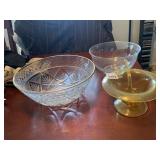 ETCHED GLASS FOOTED COMPOTE, CUT GLASS GILT RIM