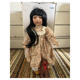 PORCELAIN DOLL, BLACK HAIR, FLORAL DRESS, LACE