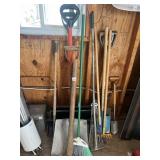 ASSORTED YARD & GARDEN TOOLS, SHOVELS, RAKES,