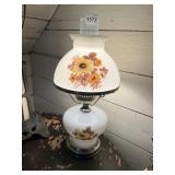 VINTAGE MILK GLASS TABLE LAMP, FLORAL DECORATION,