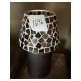MOSAIC GLASS VOTIVE HOLDER, BROWN & BLACK TILES.